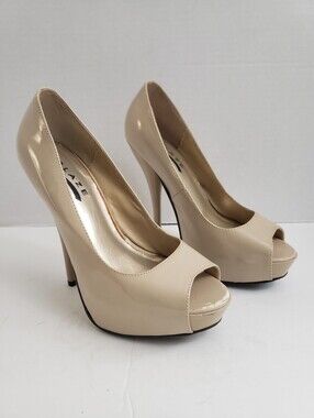 Sz 5.5 Glaze Nude Patent Leather Open Toe Stiletto Heels